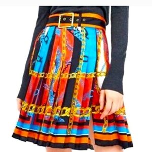 Striped Chain-Print Pleated Mini Skirt in Red & Blue